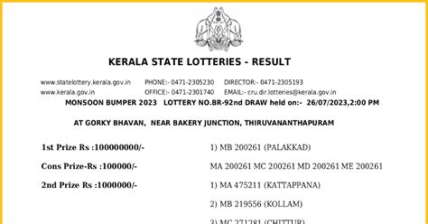 Kerala Lottery Results Today 26.07.2023 Monsoon Bumper BR .